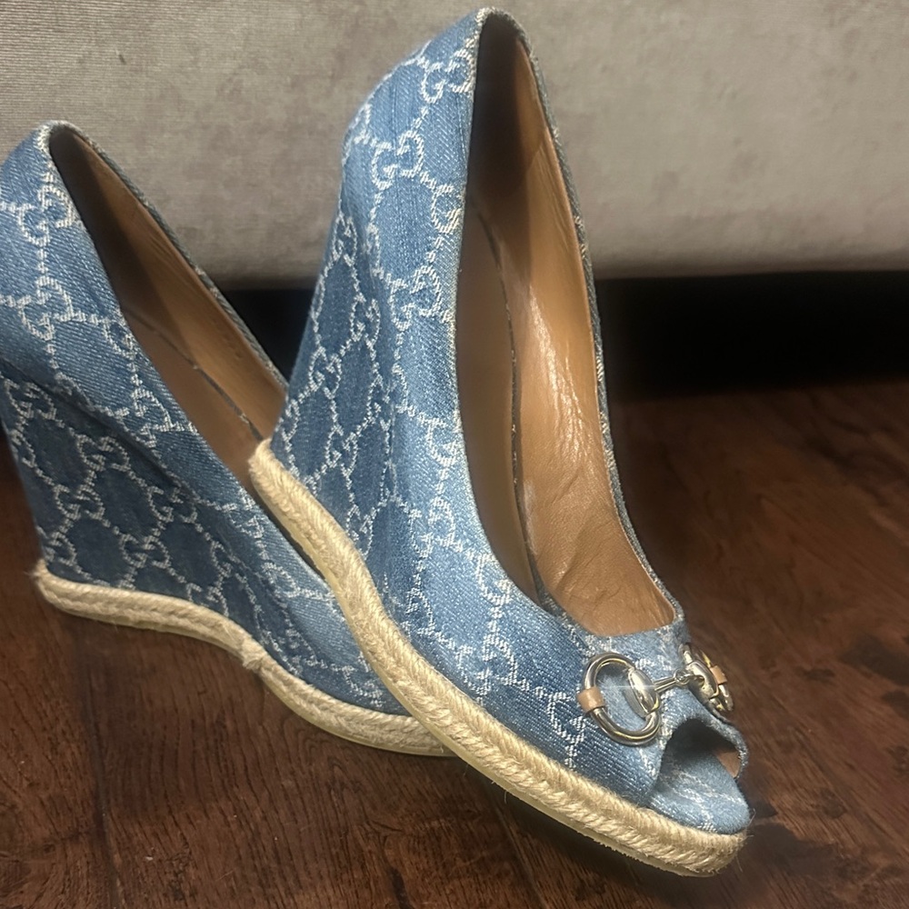 Gucci Blue Denim Wedge Shoes